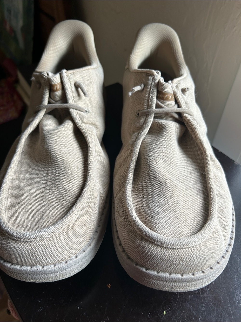 Sketchers tan fabric slip-ons size 13